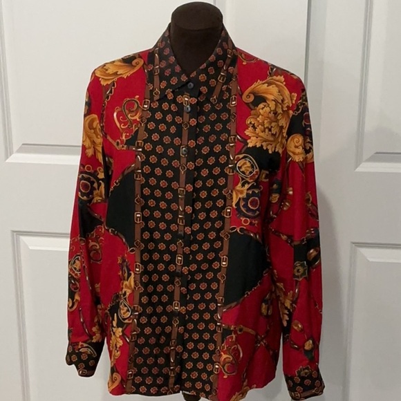 Talbots 100% Silk Red Black Esquiration Mobwife Button Down Shirt Top Size 12P - Picture 1 of 8